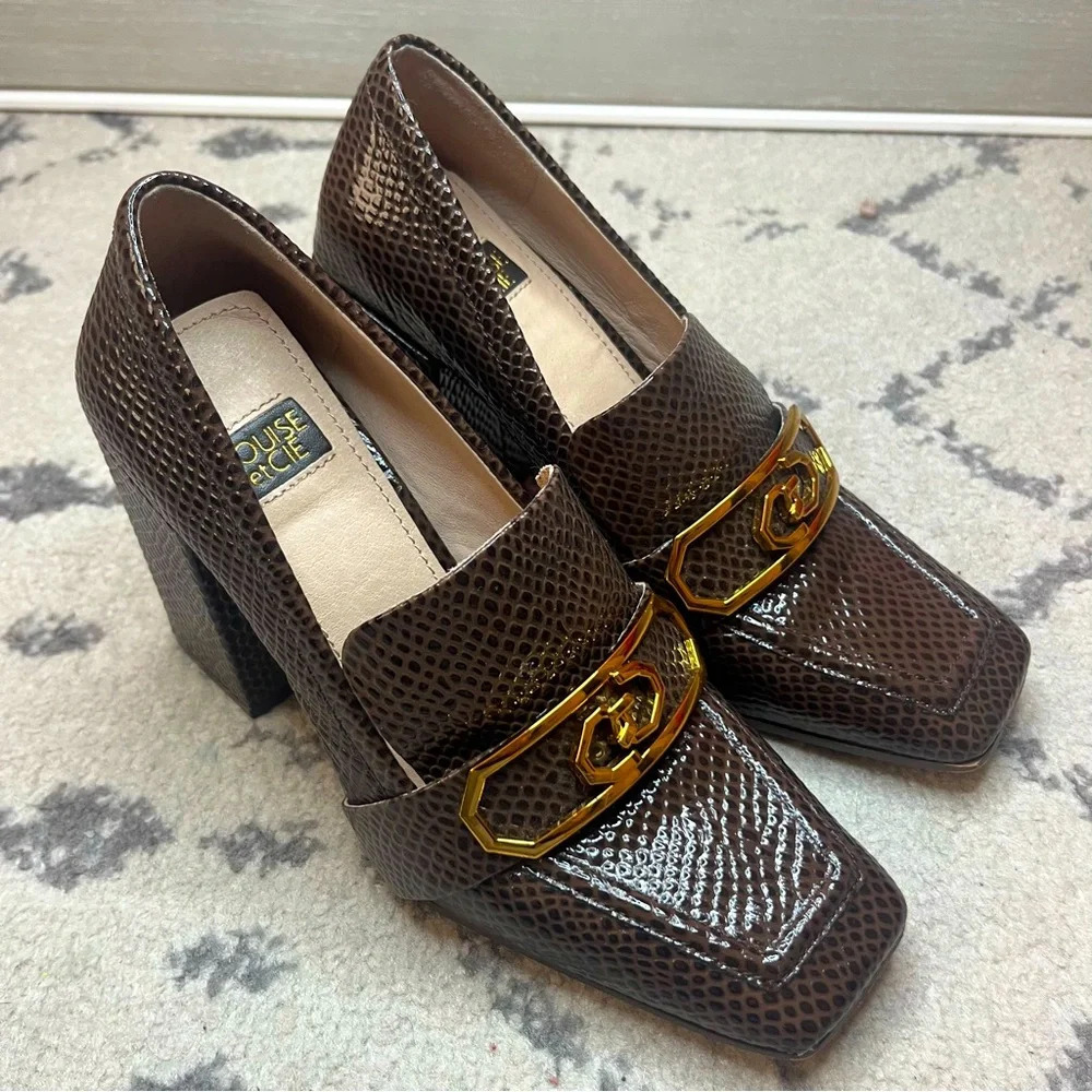 Louise et Cie Brown Textured Block Heel Loafers with Gold Accent  size 6M/6.5 - Picture 2 of 10